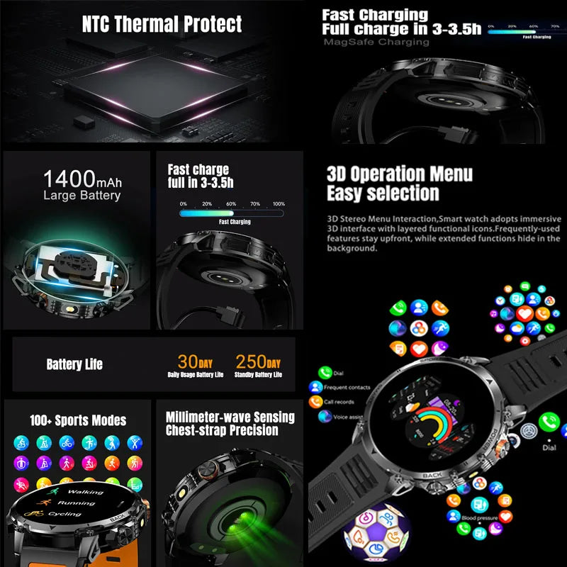 Hot New 1400mAh Big Battery Smart Watch Men Outdoor Flashlight IP68 Waterproof Bluetooth Call AMOLED Military Sports Smartwatch