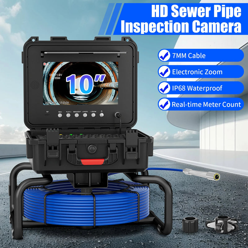 Self-Leveling Sewer Camera - 512Hz Locator, 10 inch IPS IP68 Pipeline Endoscope with DVR & Meter Counter, 7mm Cable for Plumber