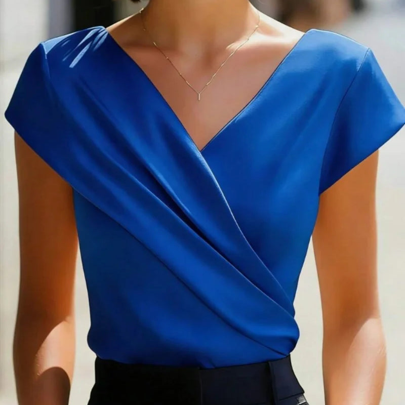Women Elegant V Neck Cross Wrap Blouse Short Sleeve - View 4 | SAMAG