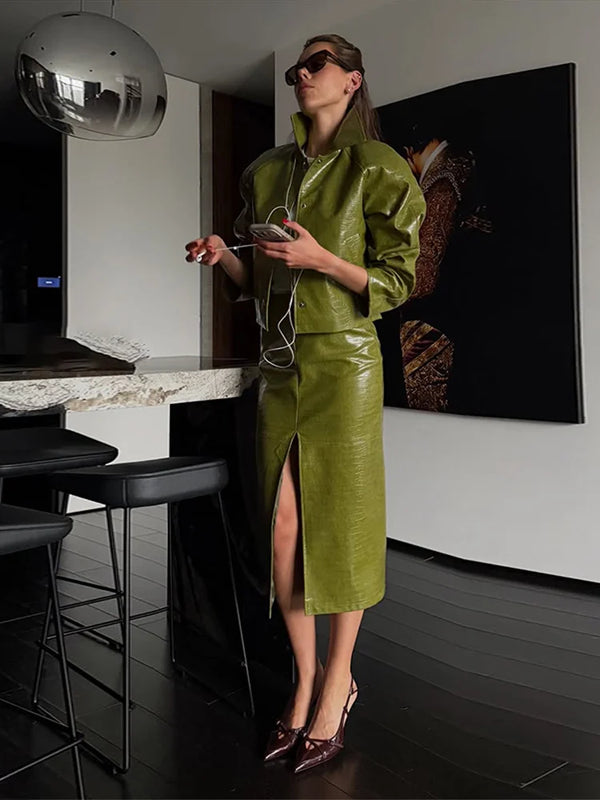 Elegant Pu Leather Jacket Skirt Suit Women Solid Full Sleeve Lapel Single Breasted Jackets Long Split Skirts Fashion Autumn Set
