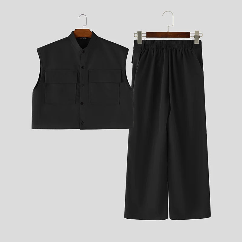 INCERUN Men Sets Solid Sleeveless Crop Tops Shirt Pants | SAMAG