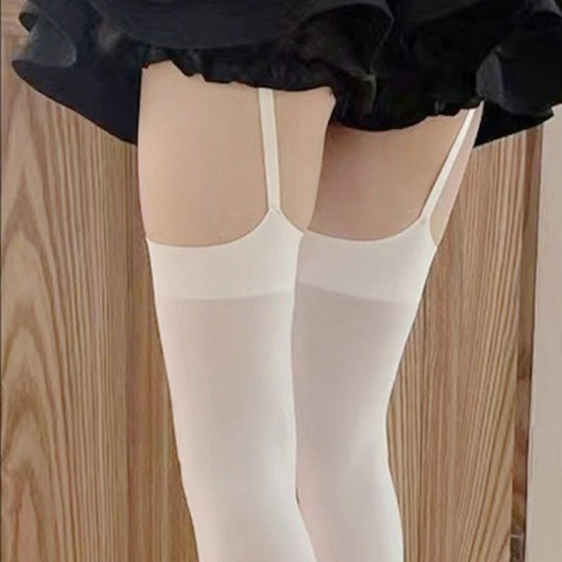 Sexy Suspender Thigh High Stockings Velvet Thin Black White Irregular Exposed Skin Lolita JK Japanese Knee High Socks Tight