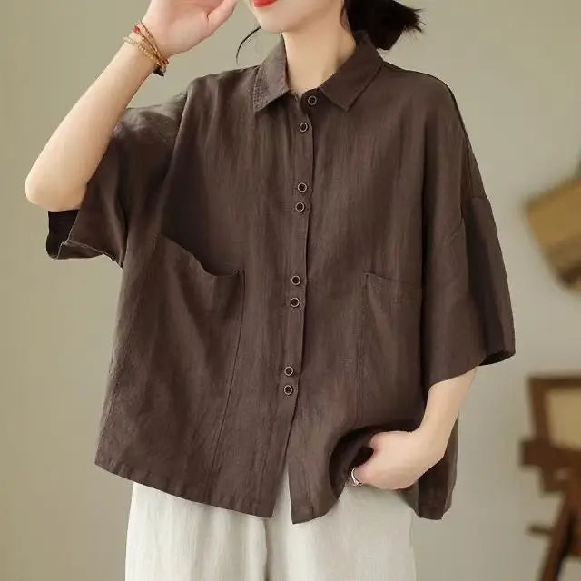 Retro Cotton Linen ort Sve Women's irt Summer New Loose Casual  Collar Top Faion Korean Sle Thin Material