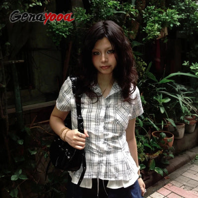 Genayooa Y2k Japanese Shirt Women Slim Short Sleeve Plaid | SAMAG