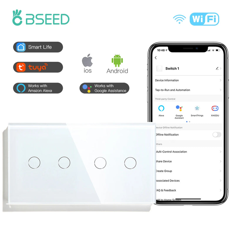 BSEED WIFI Double Light Switches 2/4/6 Gang 1/2/3 Way Wireless Touch Sensor Wall Switches Google Alexa Smart Life App Control