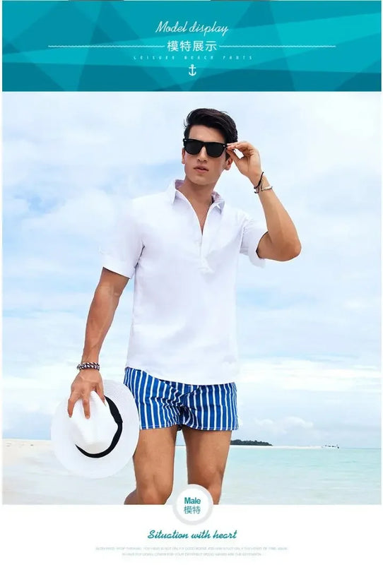 Striped Men Casual Shorts Beach Pants Board Short Quick Dry Sports Trunk Summer Seaside Beachwear Loose Homewear Sleeping Pajama