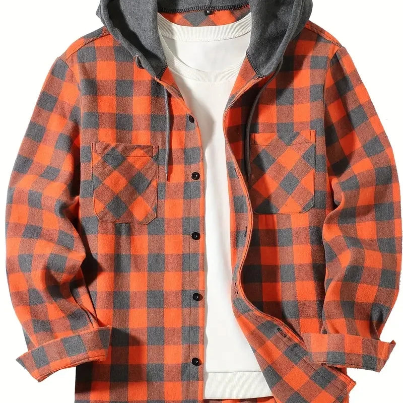 Youth Fashion Street Hooded Plaid Shirt Men's Slim Fit | SAMAG