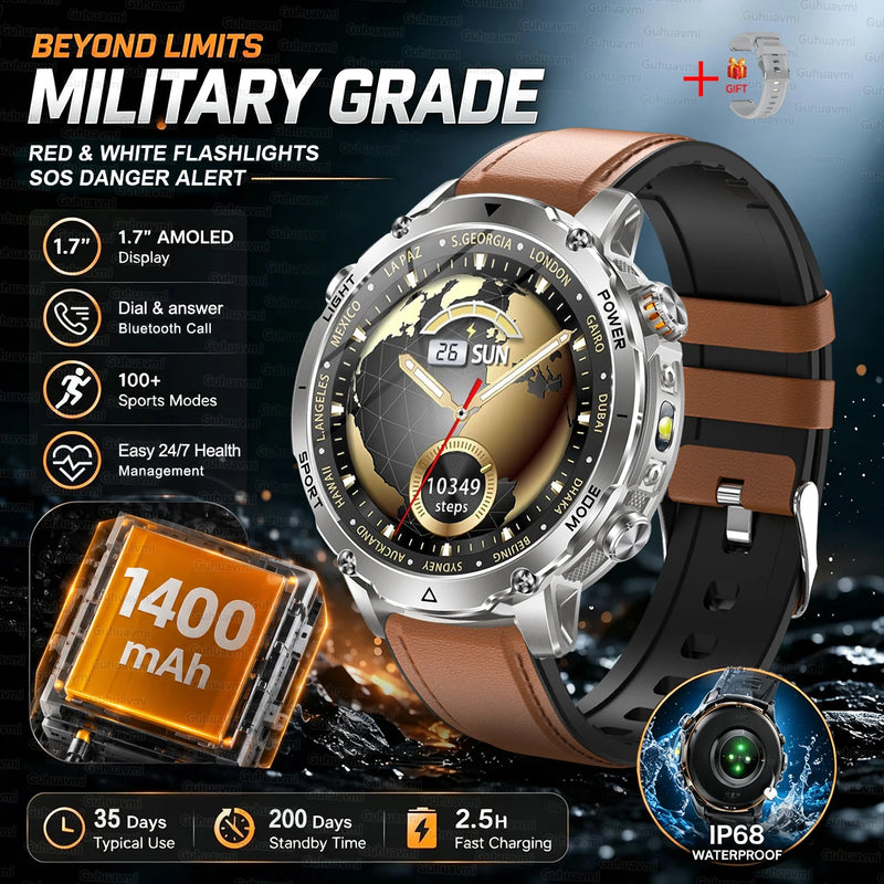 New 1400mAh Big Battery Smart Watch Men Outdoor GPS Flashlight IP68 Waterproof Bluetooth Call AMOLED Military Sports Smartwatch