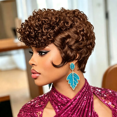Full Machine Made Short Curly Human Hair Wig, Natural Black Pixie Cut Bob Wigs for Women, Soft Human Hair Short Curls Daily