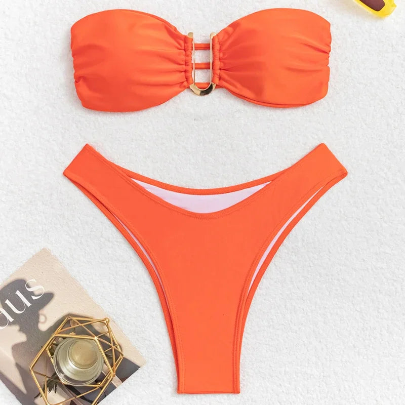 Summer Push Up Bandeau Swimsuit Straps Bikini Set Solid | SAMAG