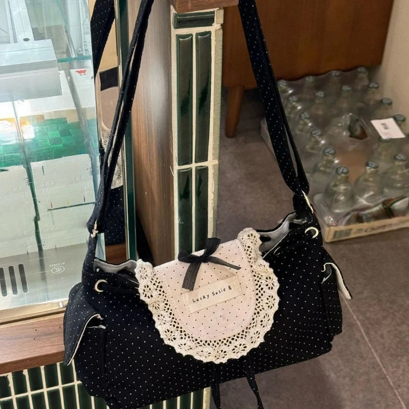 Korean Lace Polka Dot Shoulder Bag Cute Drawstring Flap Crossbody Handbag Retro Sweet Vintage Messenger Purse Daily Casual Hobo