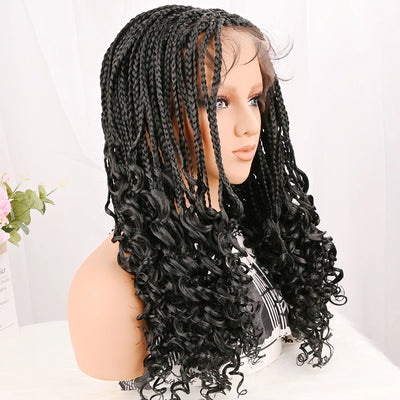 Curly Ends Synthetic Knotless Box Braids Wigs 18 Inch Full Lace Braided Wig with Baby Hair Boho Lace Wig for Quick Installation
