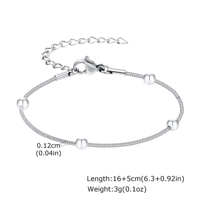Goxygen Dainty Silver Color Stackable Bracelet Stainless Steel Beads Thin Chain for Women Men Jewelry Sets Gifts