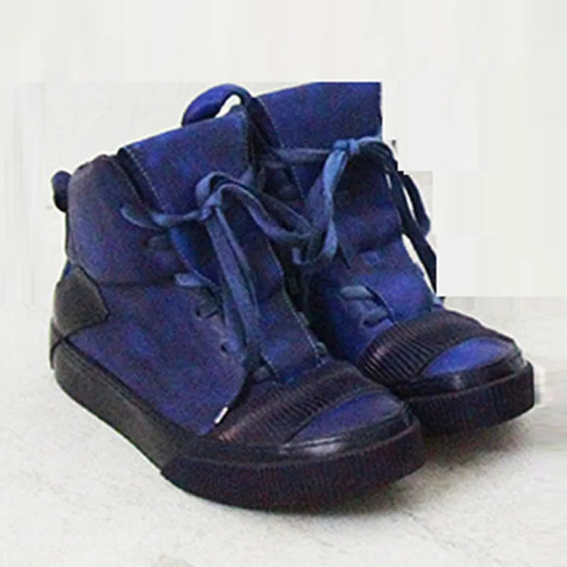 Retro Mixed Color Men Ankle Boots Handmade Genuine Leather High-top Men Sneakers Dark Black Street Style Fashion Men Flat Shoes