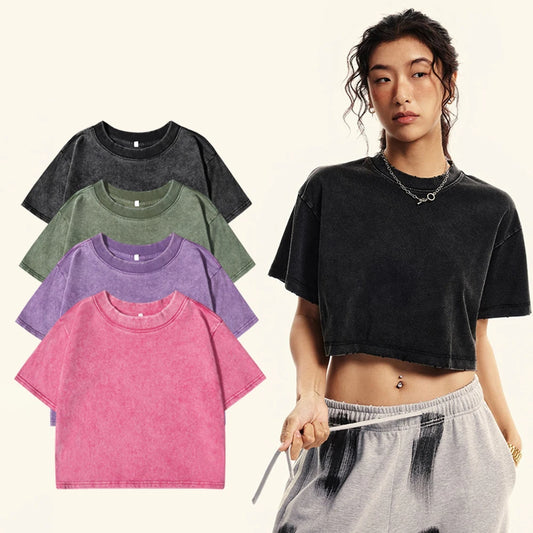 100% Cotton Washed T-shirt for Women Loose O-Neck Crop Tops Y2k Street Female Clothes Summer Casual Vintage Short Sleeve Tees