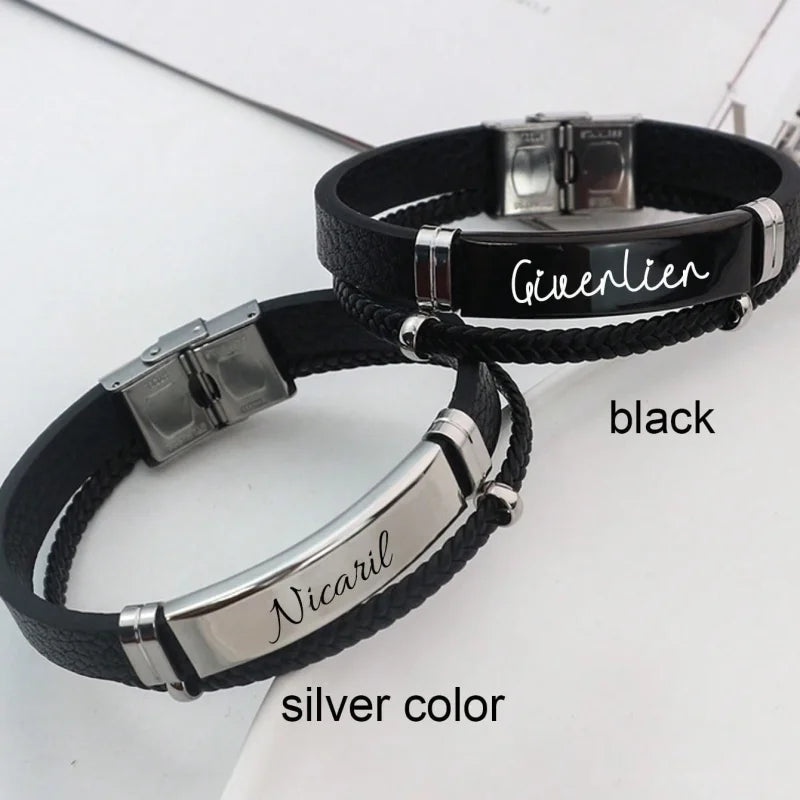 Custom Engraved Name Braided Rope Stainless Steel Bracelet, Personalised Engraved Text Twisted Rope Braided Leather Wristband
