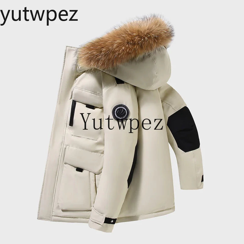 -30 Degree Down Parkas Men Windproof Hooded Thicken Multi-pocket Down Coat Casual Fashion Thick Warm Embroidered Design Parka