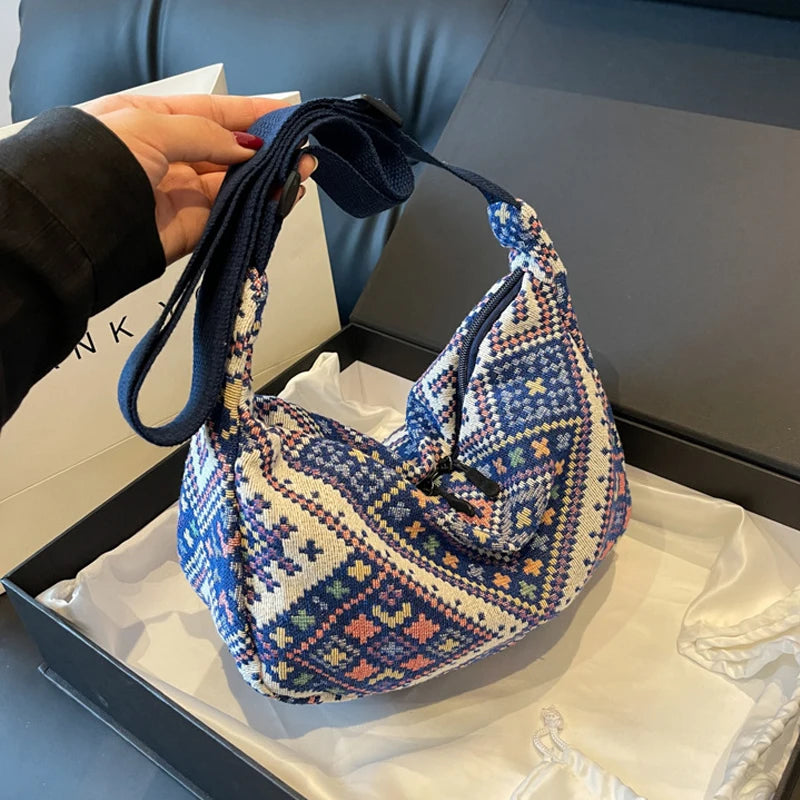 Vintage Female Shoulder Messenger Bag Trend Simple Zipper Handbags Ethnic-Style Canvas Shoulder Bag Small Tote Crossbody Bags