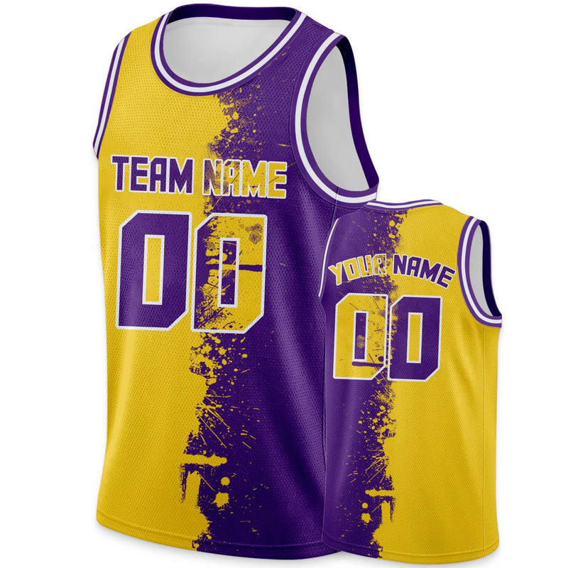 Custom Basketball Jersey Tank Top Printed Team Name & Number Logo for Adult Kid Youth, Personalized Gold Purple Basketball Shirt