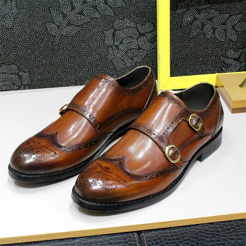 Men's Leather Loafers Double Buckle Monk Strap Handmade Dress Shoes Wingtip Pointed Toe Brogue Wedding Office Business Shoes