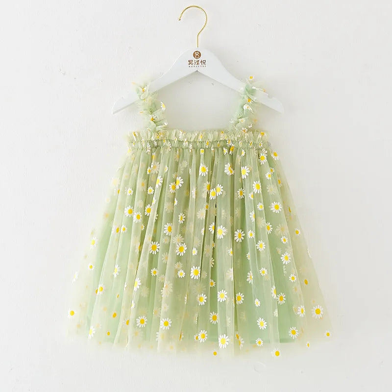 Toddler Girls Summer Sling Dress Sleeveless Daisy Print A-Line Tulle Princess Dress Kids Birthday Party Skirt Cute Baby Clothes