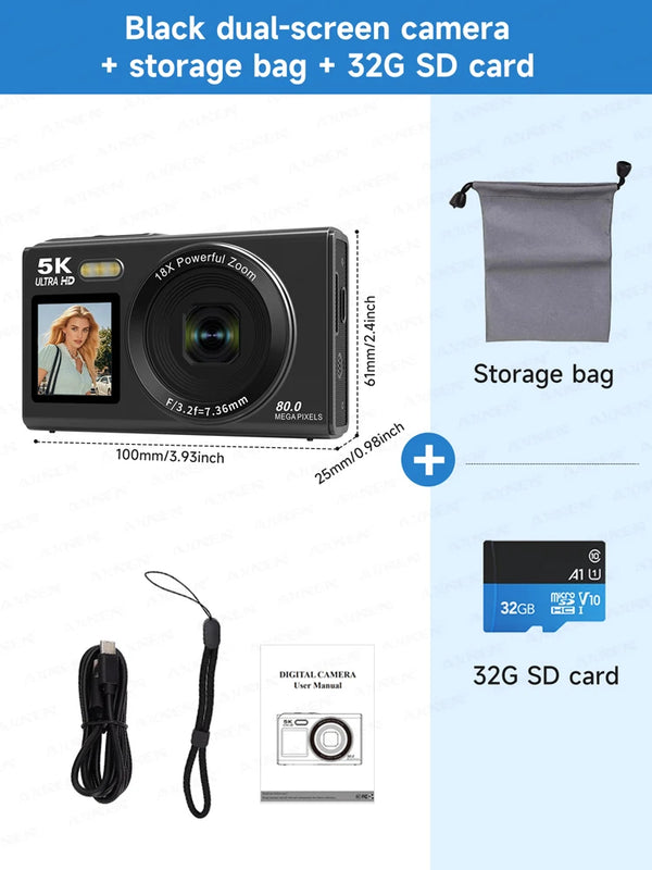 5K Digital Camera 8000W Pixel Retro CCD Dual Screen Photographic Cameras 80MP Vlog Cam with Auto Focus Smile Detection 18x Zoom