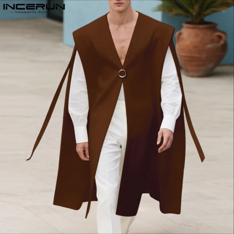 INCERUN Men Vests Cloak Solid Color Oversize V Neck One Button Sleeveless Male Waistcoats Ponchos Streetwear Fashion Cape Men
