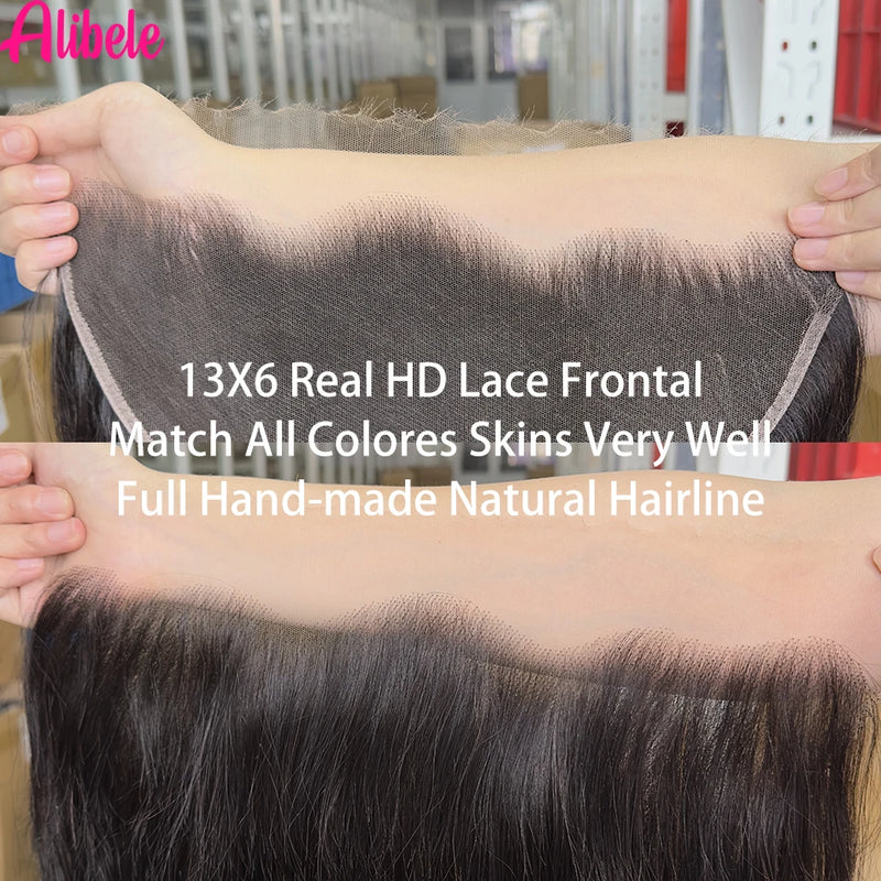 Alibele 13x6 HD Lace Frontal With Bundles Brazilian Body Wave Bundles With 13x6 Lace Front Long Hair Weave Bundles With Frontal