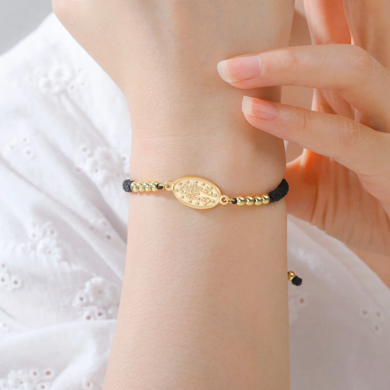 Lucktune Virgin Mary Pendant Bracelet Stainless Steel Cross Women's Red Bracelet Rouge Gold Color Jewelry Religious Amulet Gifts