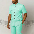 Men's Grey Mandarin Collar Suit Set Short Sleeves Multi-Pocket Jacket and Trousers Fashion Formal Smart Casual Wedding Suits