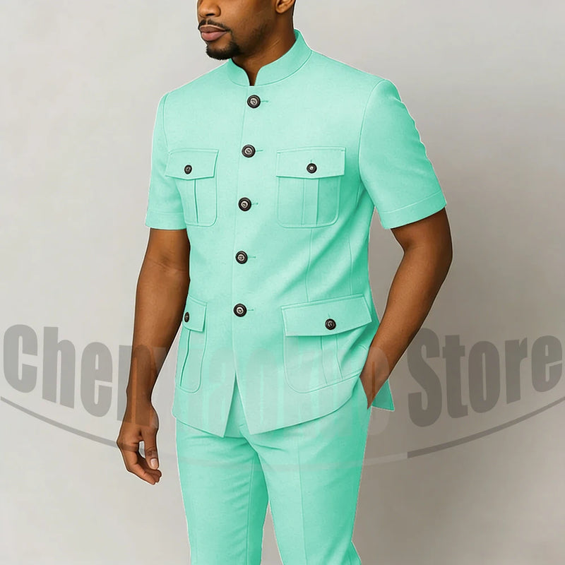 Men's Grey Mandarin Collar Suit Set Short Sleeves Multi-Pocket Jacket and Trousers Fashion Formal Smart Casual Wedding Suits