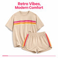 2 Piece Women's Short Set Short Sleeve Crew Neck T Shirt and Elastic Waist Shorts Retro Rainbow Striped Casual Lounge Wear Matching Outfit Relaxed Fit with Curved Hem Side Split for Streetwear Vacation Summer