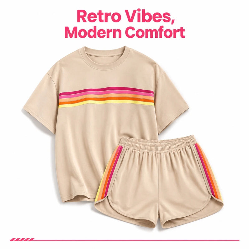 2 Piece Women's Short Set Short Sleeve Crew Neck T Shirt and Elastic Waist Shorts Retro Rainbow Striped Casual Lounge Wear Matching Outfit Relaxed Fit with Curved Hem Side Split for Streetwear Vacation Summer