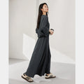 VIMLY Dark Gray Knit Two Piece Set 2026 Autumn Women Round Neck Top High Waist A-line Long Skirt Commuter Matching Outfit A0097