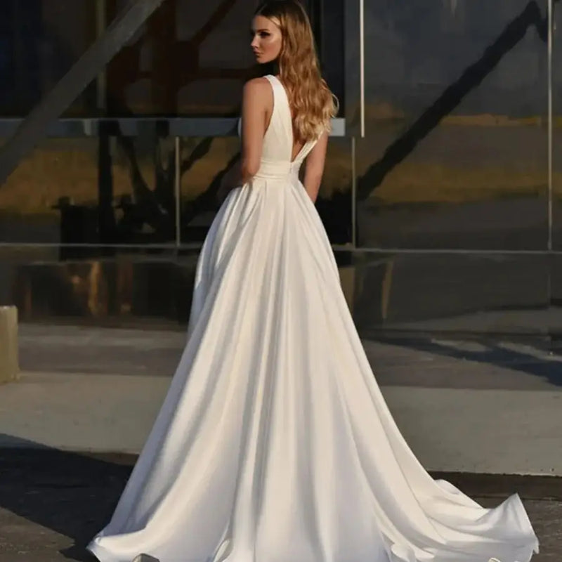 Customized Simple A - Line Wedding Dress Satin Side Slit - View 2 | SAMAG