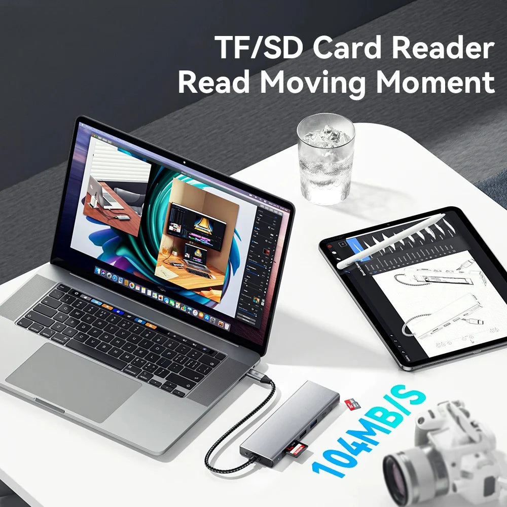 8-in-1 USB Hub M.2 NVMe SATA SSD Enclosure Storage USB3.2 Type-c to HDMI-Compatible Laptop Dock Station USB Adapter For Macbook