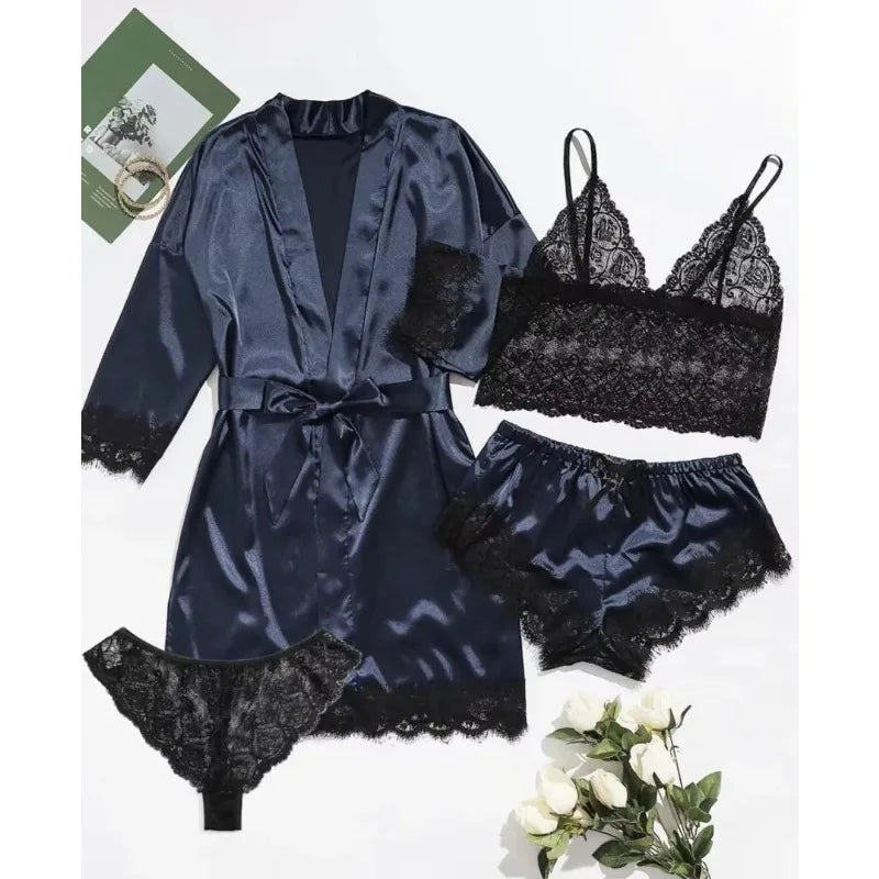 /Set Lace Satin Pajama with Robe - Cami Top & Shorts | SAMAG