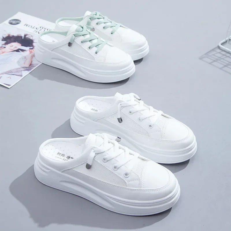 *2026 Summer New Baotou Mesh Breathable White Flat Shoes Fashionable Hot Selling Casual Half Dragged Round Head Women's Sandals