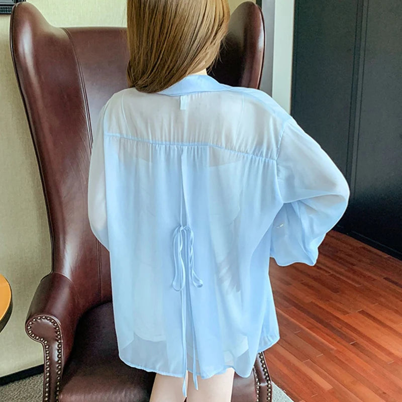 Tie Back Button Down Shirt Women Semi Sheer Chiffon Long - View 7 | SAMAG