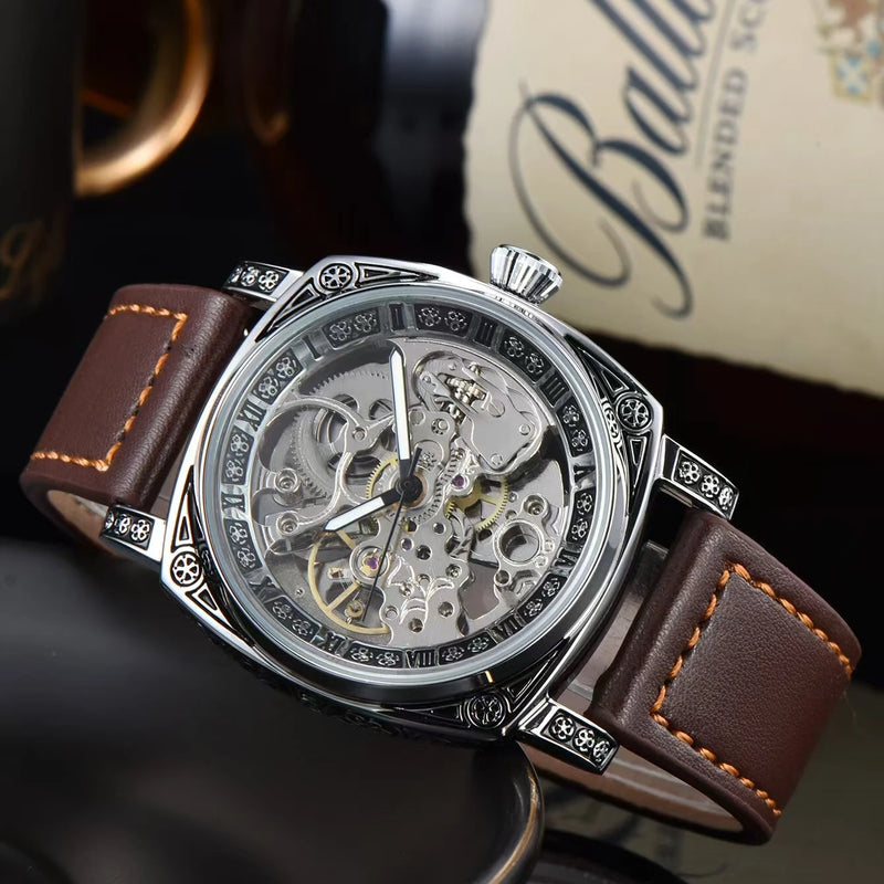 Men Automatic Watch Retro Style Mechanical Watches Skeleton Carve Waterproof Leather No Logo Mens Watch Boyfriend's Gift