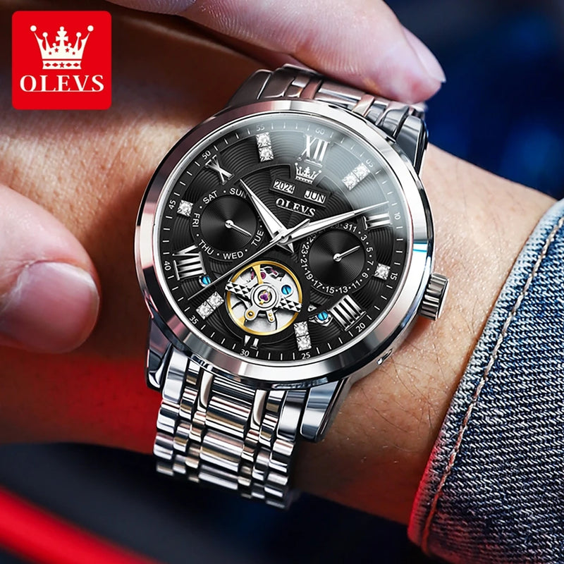 OLEVS 6701 Man Watch Fashion Top Brand Stainless Steel Hollow Skeleton Flywheel Automatic Mechanical Waterproof Watch for Men