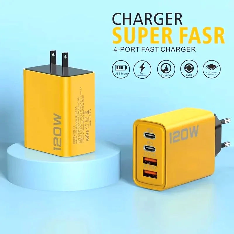 4 Ports 120W Charger Quick Charge 3.0 USB C PD Type C USB Phone Chargers Fast Charging Adapter For iPhone Samsung Xiaomi Huawei