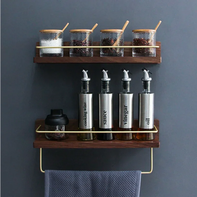 Kitchen Spice Bottle Storage Wooden Rack Multifunctional Wall Hanging Solid Brass Hook Bathroom Towel | SAMAG