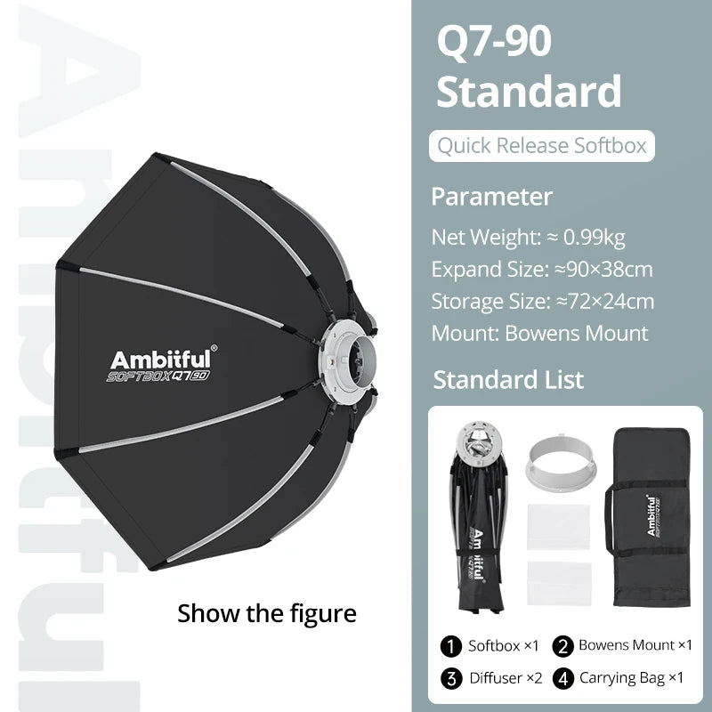 AMBITFUL 30x120cm 55cm 65cm 90cm One Touch Open Octagon/Rectangle Softbox Bowens Mount for Outdoor Studio Photography Side Wing