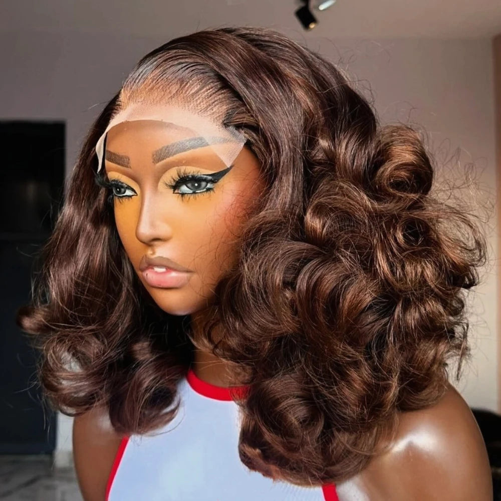 #4 Chocolate Brown Body Wave Bob Wig 13x4 HD Transparent Lace Front Human Hair Wig Short Wavy Wigs For Women