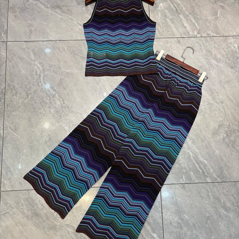 Bohemian Striped Knitted Pants Set for Women 2026 Summer New Color-Block Camisole Short Top+Slim Fit Straight Pants 2-Piece Set