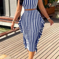 Women's Striped 2 Piece Outfit Casual Sleeveless Top Ruffle Asymmetrical Skirt Set for Daily Vacation Office Wear