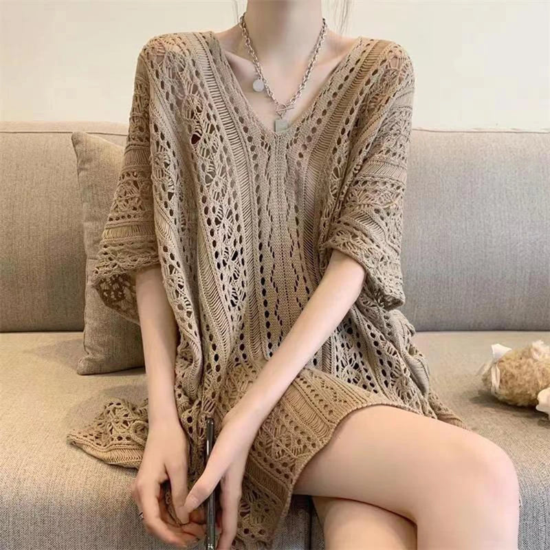 Women Beach Cover Up Crochet Sexy Deep V-Neck Side Slit Short Sleeve Hollow Out Knitted Fashion Cover-Ups Knitting Smock