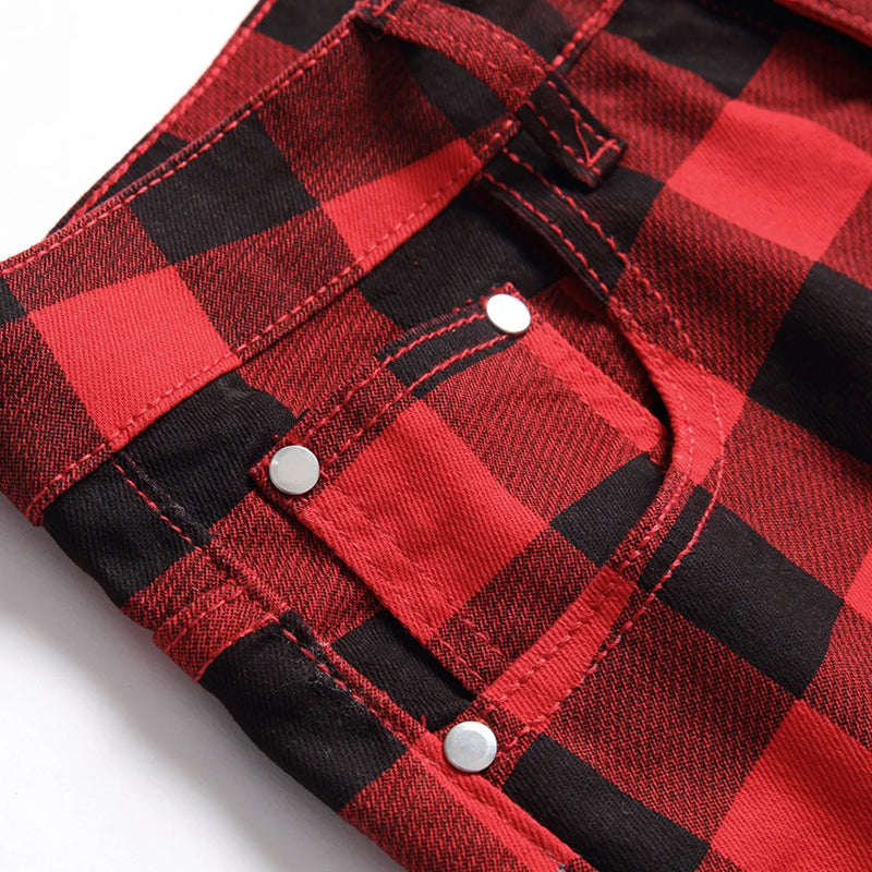 Men's Red Jeans with Checkered Print Details, Made | SAMAG
