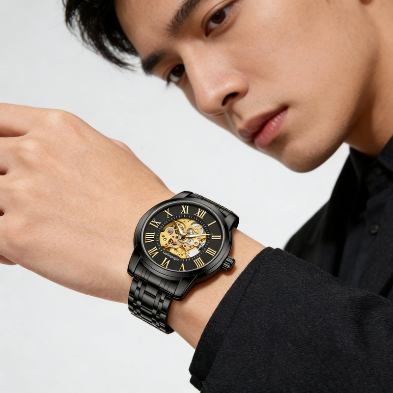 Elegant Men's Automatic Mechanical Watch with Skeleton Design - Leather Strap, Roman Numeral Dial, Automatic Movement, Perfect for Business and Casual Wear, Ideal Gift for Young Men, Business Casual Men's Watch | Skeleton Wat